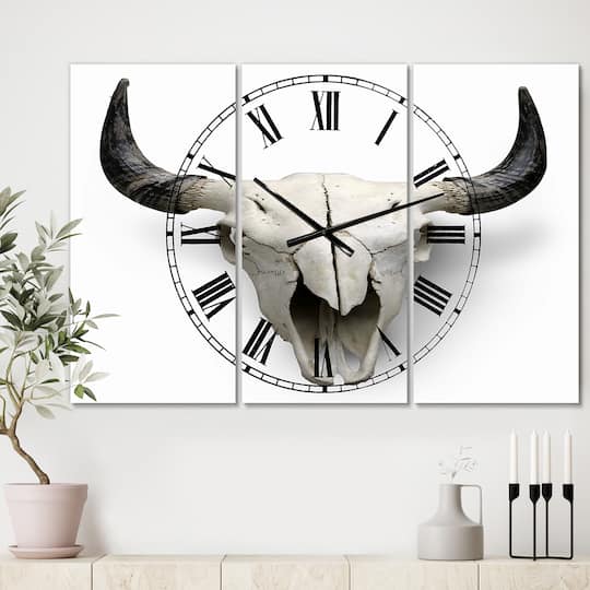 Designart White Cow Skull With Black Horns Oversized Farmhouse 3 panel Wall Clock